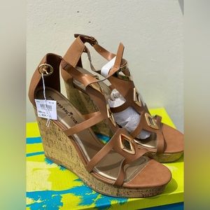 Montego Bay Club Chestnut Brown & Gold Strappy High Heel Wedge Sandal - Size 13